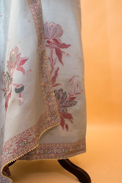 Meenakari Banarasi Weaving Suite Fabric In Georgette Tissue Fabric-Grey