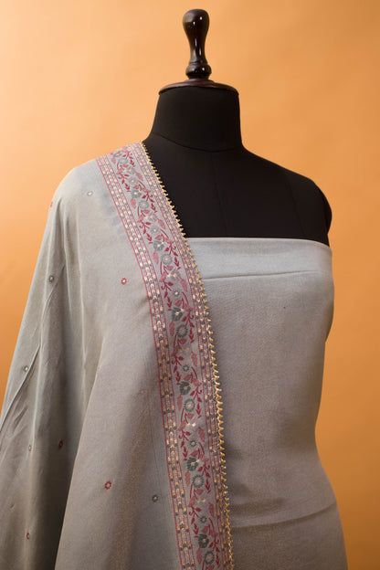 Meenakari Banarasi Weaving Suite Fabric In Georgette Tissue Fabric-Grey