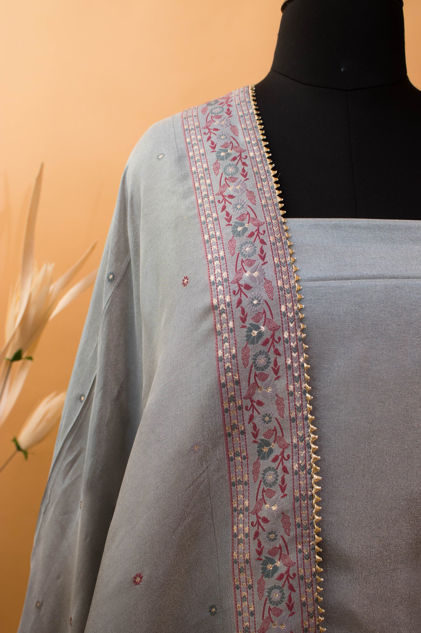 Meenakari Banarasi Weaving Suite Fabric In Georgette Tissue Fabric-Grey