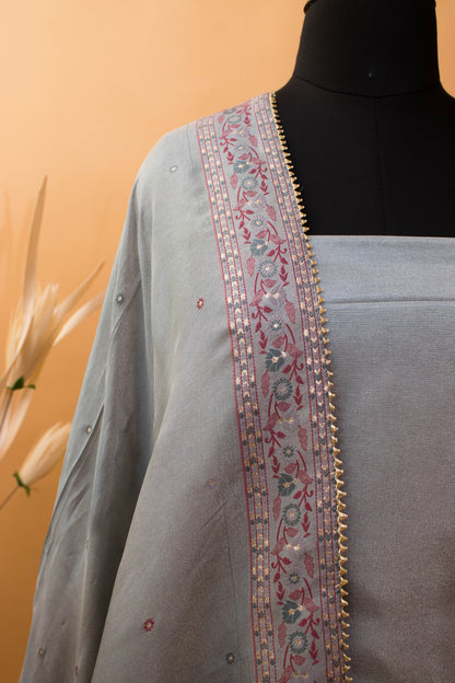 Meenakari Banarasi Weaving Suite Fabric In Georgette Tissue Fabric-Grey