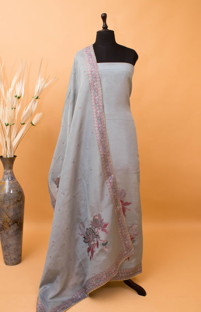 Meenakari Banarasi Weaving Suite Fabric In Georgette Tissue Fabric-Grey