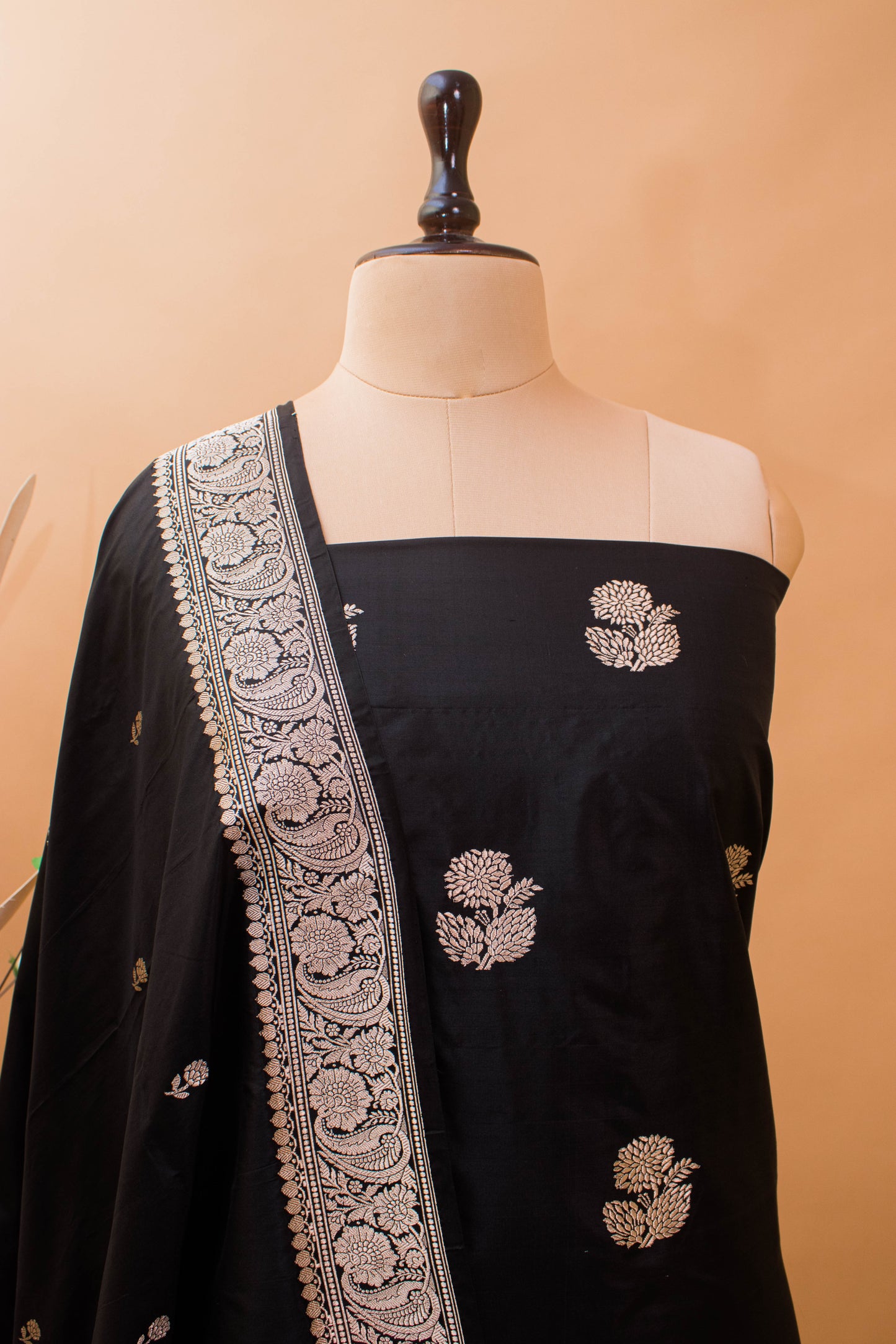 Banarasi Kadhua Butta Hand Weaved Suit Fabric With Butti Dupatta-Black