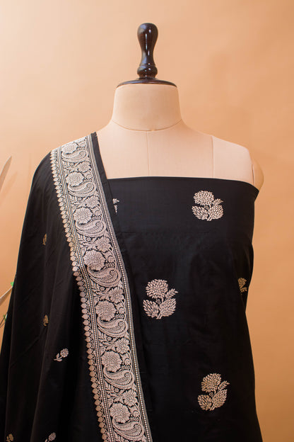 Banarasi Kadhua Butta Hand Weaved Suit Fabric With Butti Dupatta-Black
