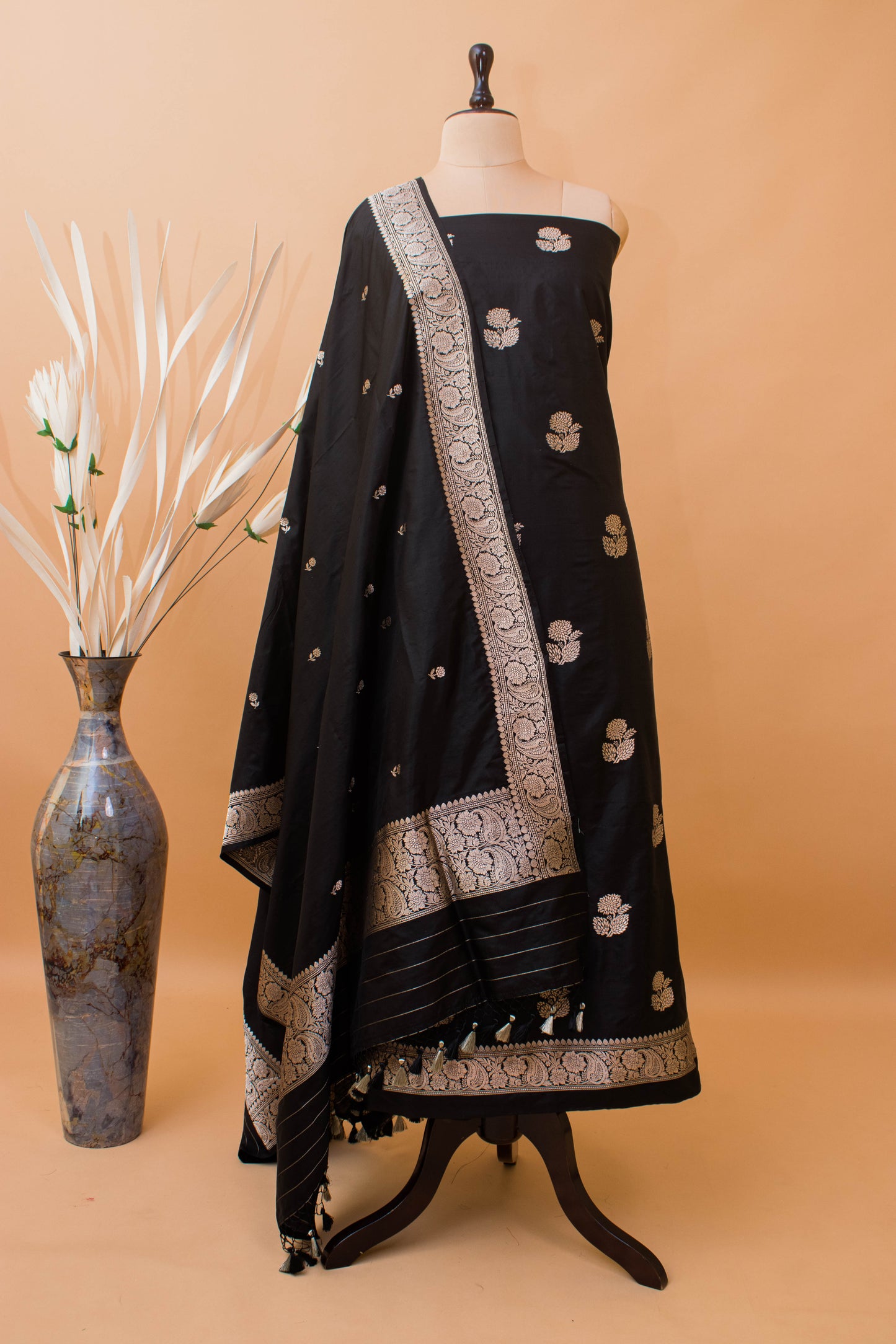 Banarasi Kadhua Butta Hand Weaved Suit Fabric With Butti Dupatta-Black