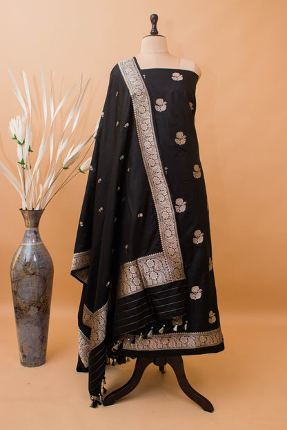 Banarasi Kadhua Butta Hand Weaved Suit Fabric With Butti Dupatta-Black