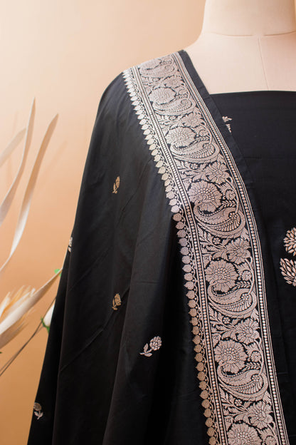 Banarasi Kadhua Butta Hand Weaved Suit Fabric With Butti Dupatta-Black