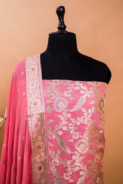 Banarasi Meenakari Jaal Weaving Suit Fabric With Georgette Dupatta-Pink