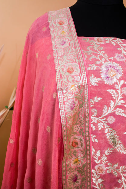 Banarasi Meenakari Jaal Weaving Suit Fabric With Georgette Dupatta-Pink