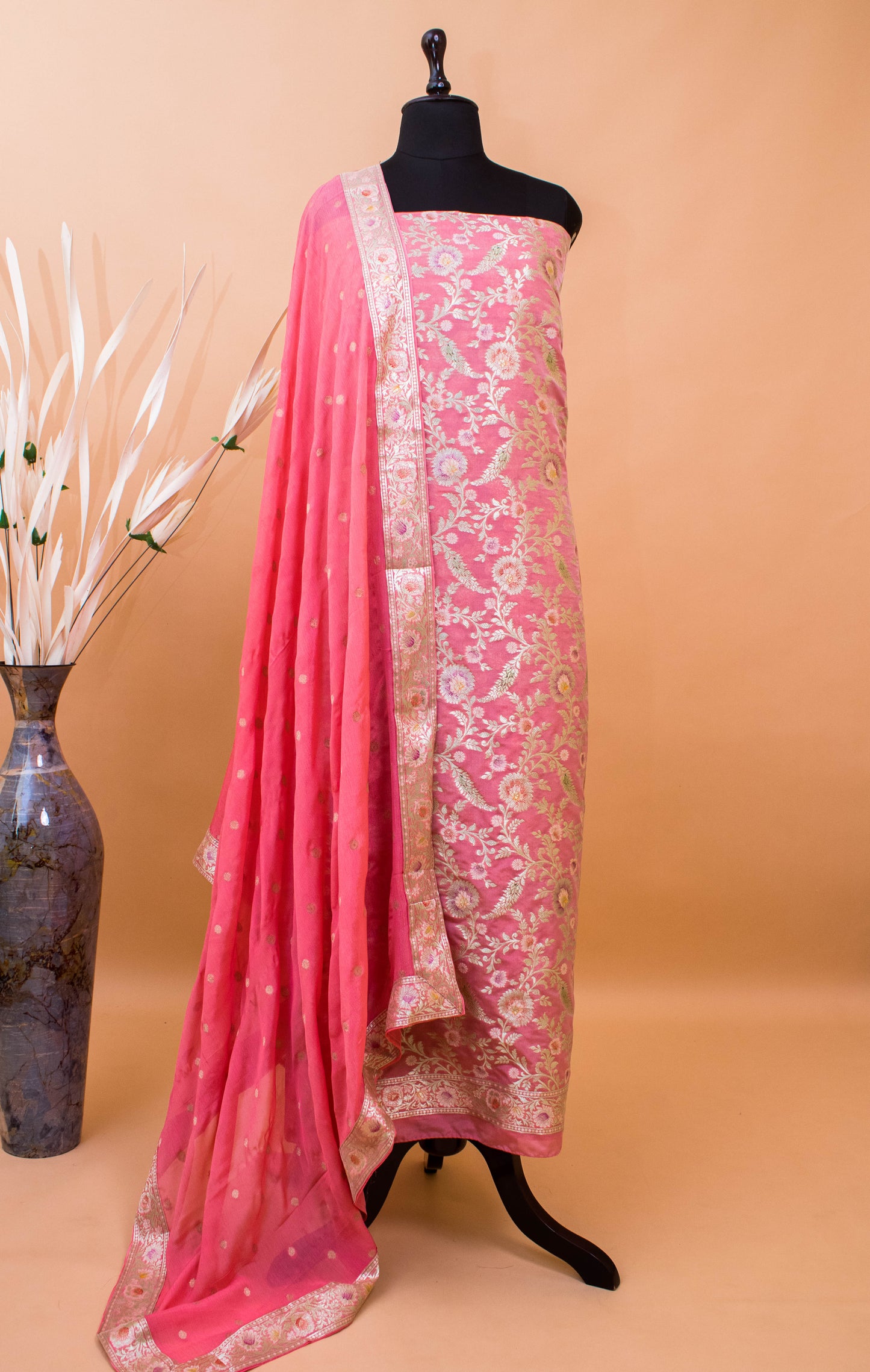 Banarasi Meenakari Jaal Weaving Suit Fabric With Georgette Dupatta-Pink