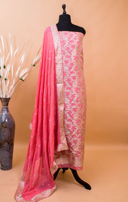 Banarasi Meenakari Jaal Weaving Suit Fabric With Georgette Dupatta-Pink