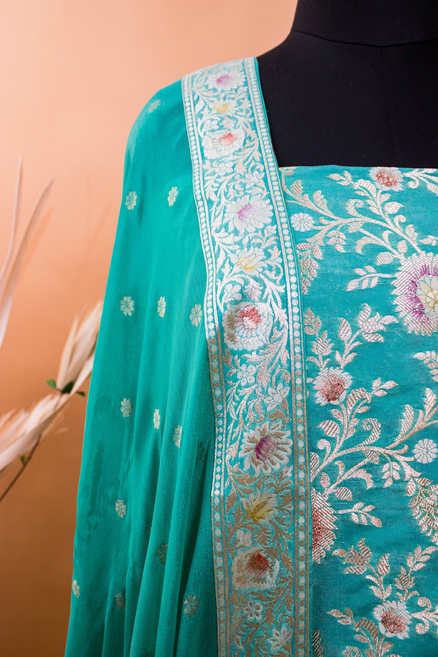 Banarasi Meenakari Jaal Weaving Suit Fabric With Georgette Dupatta-Blue