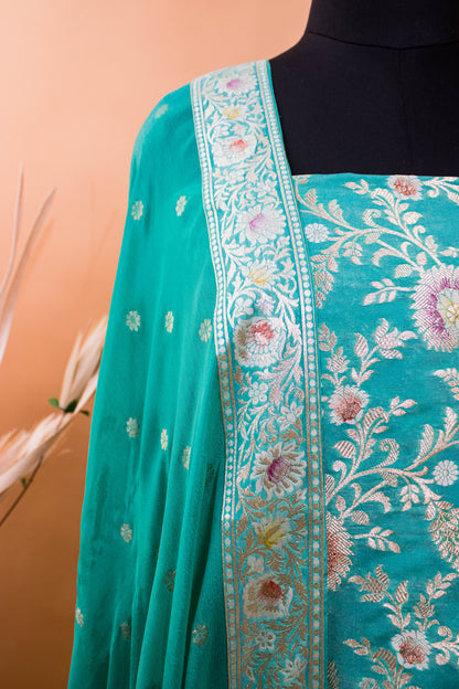 Banarasi Meenakari Jaal Weaving Suit Fabric With Georgette Dupatta-Blue