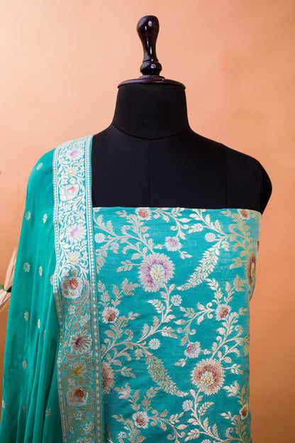 Banarasi Meenakari Jaal Weaving Suit Fabric With Georgette Dupatta-Blue