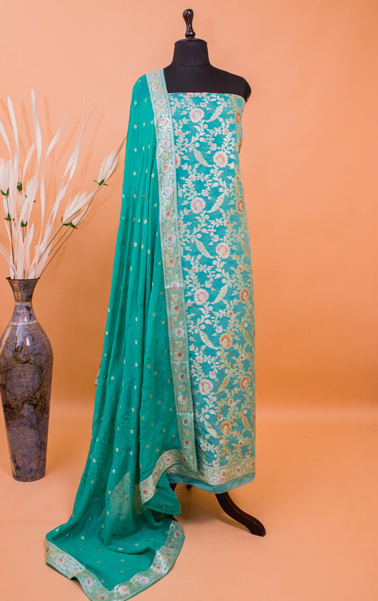 Banarasi Meenakari Jaal Weaving Suit Fabric With Georgette Dupatta-Blue