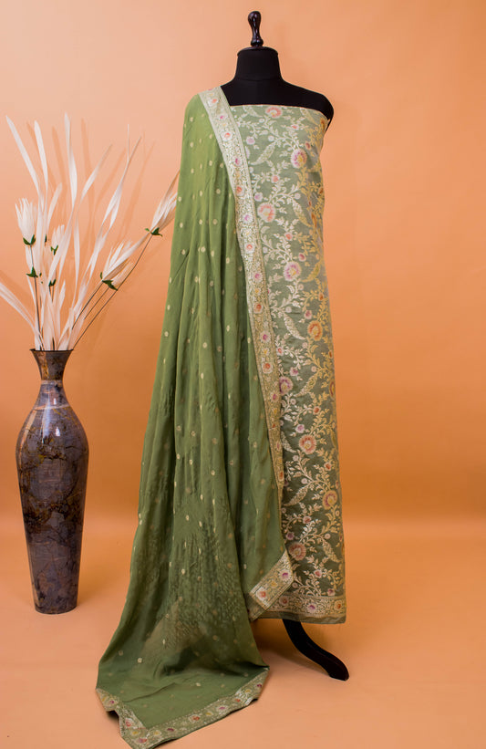 Banarasi Meenakari Jaal Weaving Suit Fabric With Georgette Dupatta-Green