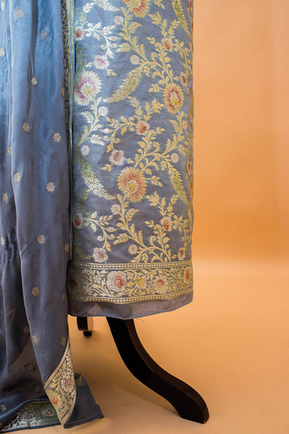 Banarasi Meenakari Jaal Weaving Suit Fabric With Georgette Dupatta-Grey