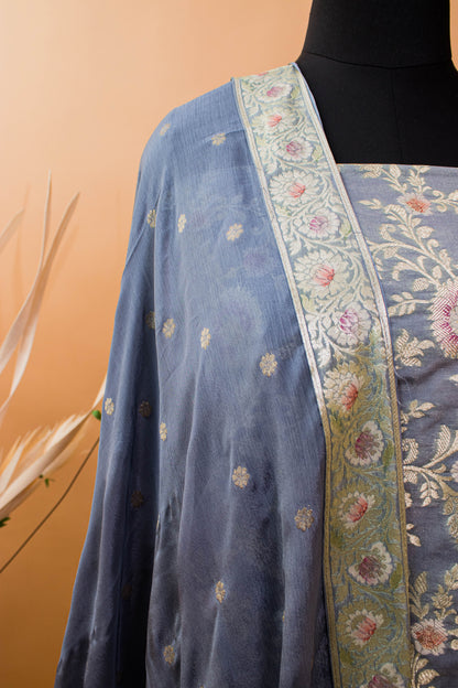 Banarasi Meenakari Jaal Weaving Suit Fabric With Georgette Dupatta-Grey