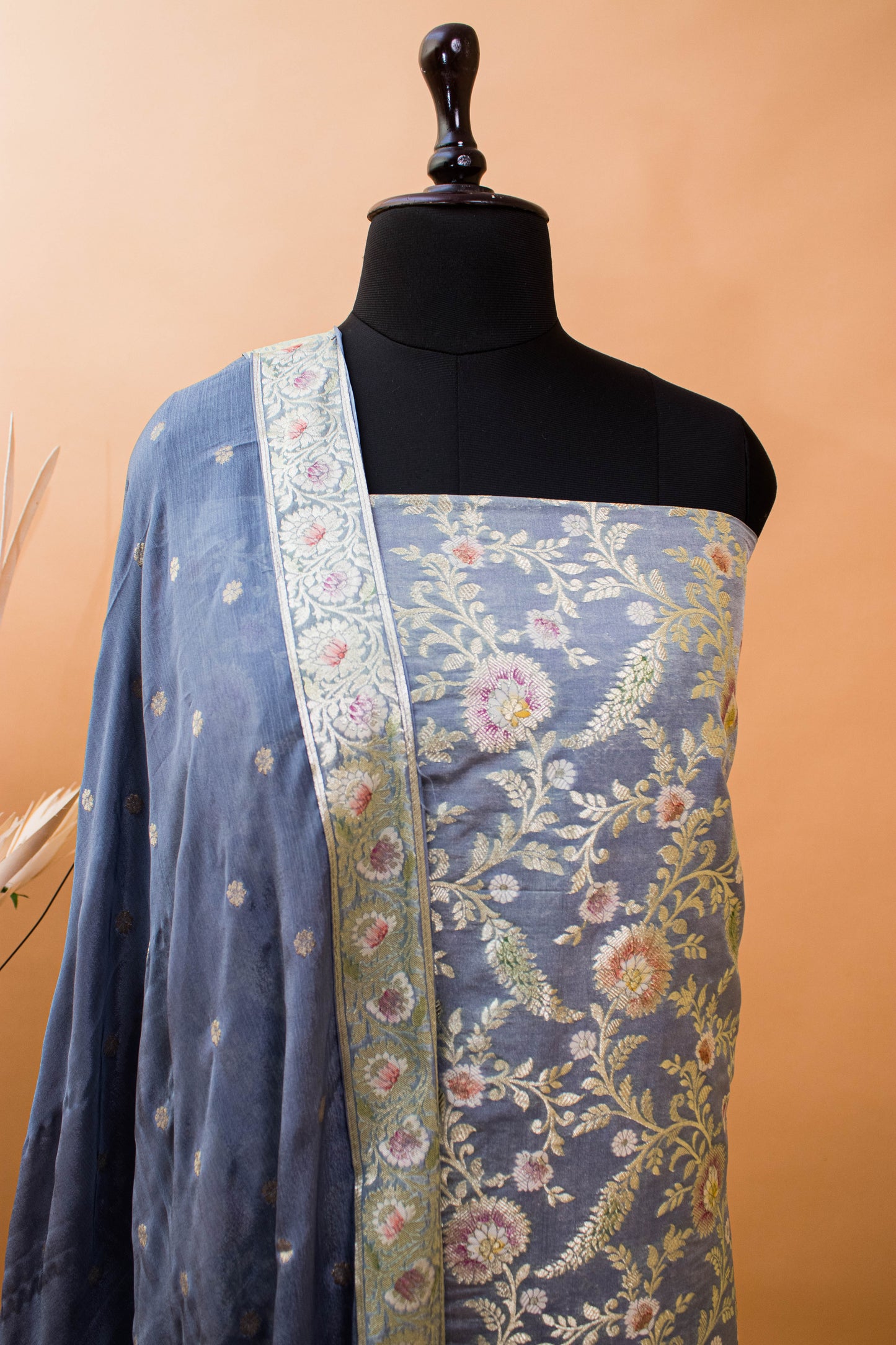 Banarasi Meenakari Jaal Weaving Suit Fabric With Georgette Dupatta-Grey