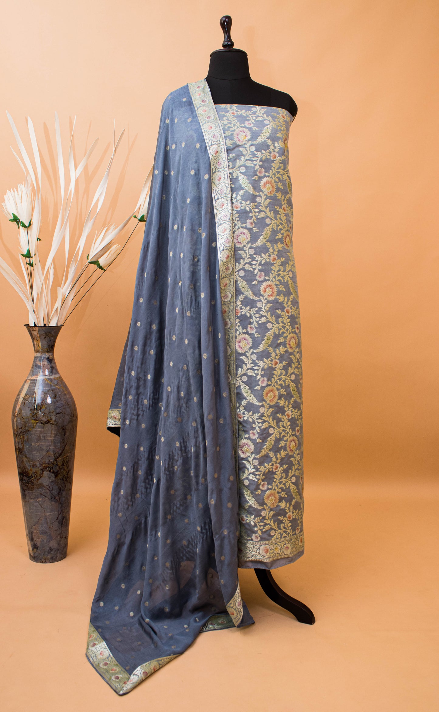 Banarasi Meenakari Jaal Weaving Suit Fabric With Georgette Dupatta-Grey