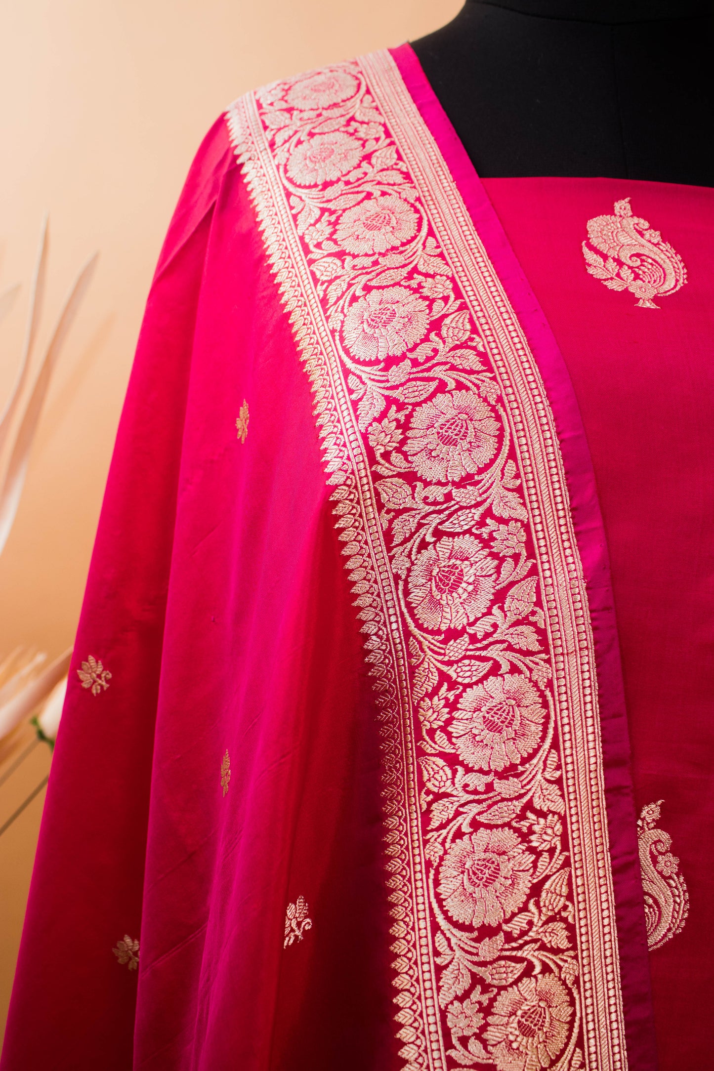 Handloom Banarasi Pure Katan Silk Suit Fabric-Pink