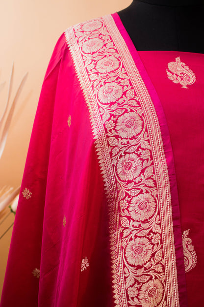 Handloom Banarasi Pure Katan Silk Suit Fabric-Pink