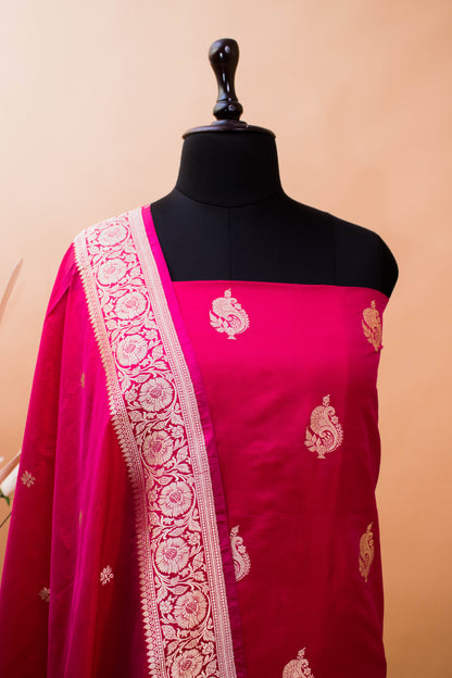Handloom Banarasi Pure Katan Silk Suit Fabric-Pink