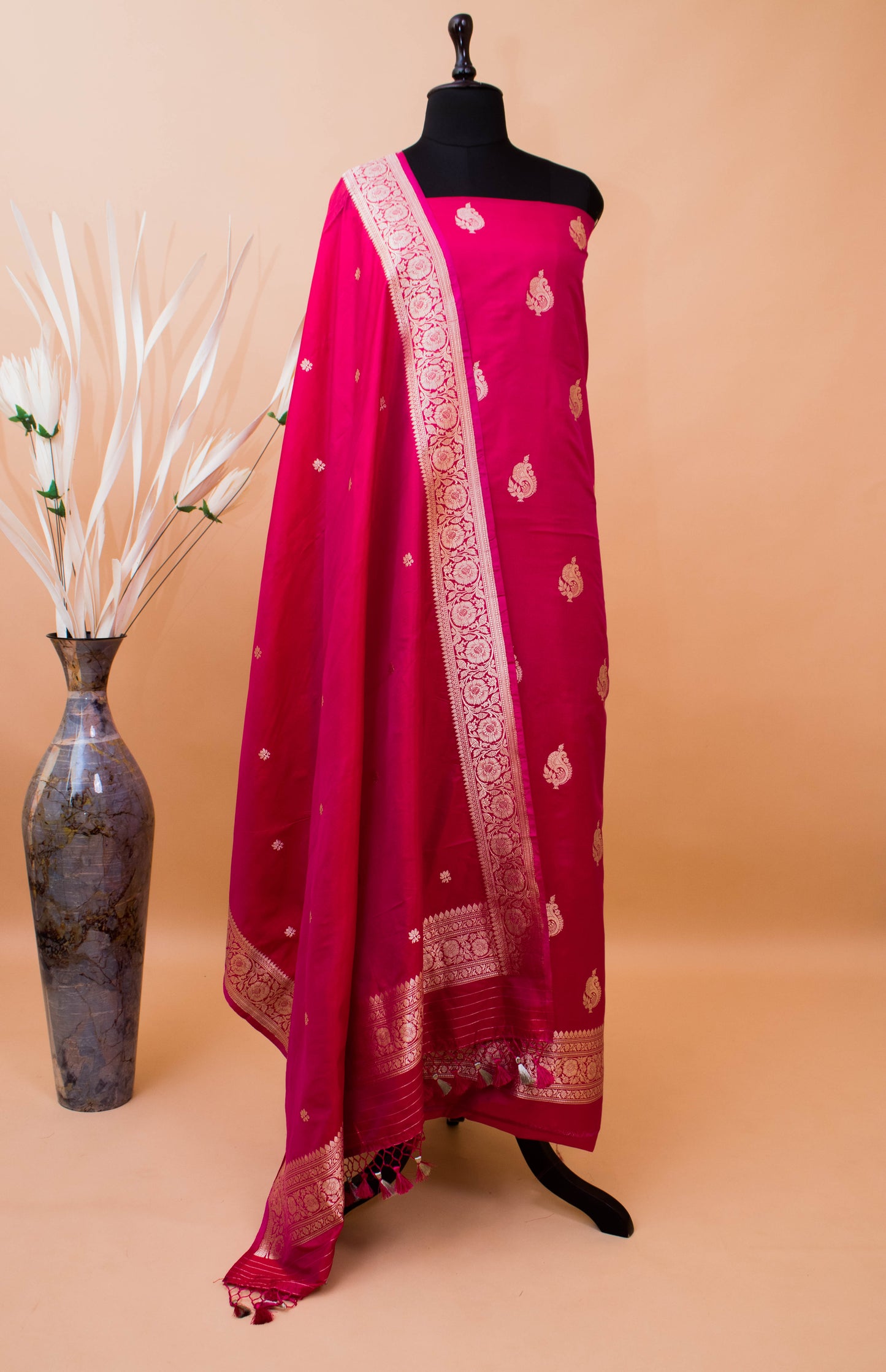 Handloom Banarasi Pure Katan Silk Suit Fabric-Pink