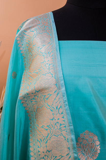 Handloom Banarasi Kadhuwa Weaving Butti Suit Fabric In Pure Katan-Blue