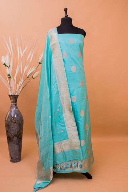 Handloom Banarasi Kadhuwa Weaving Butti Suit Fabric In Pure Katan-Blue