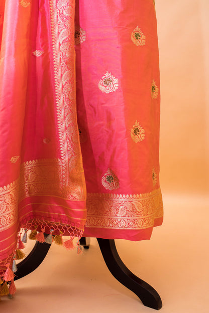 Handloom Banarasi Kadhuwa Tilfi Butti Suit Fabric In Pure Katan Silk-Orange
