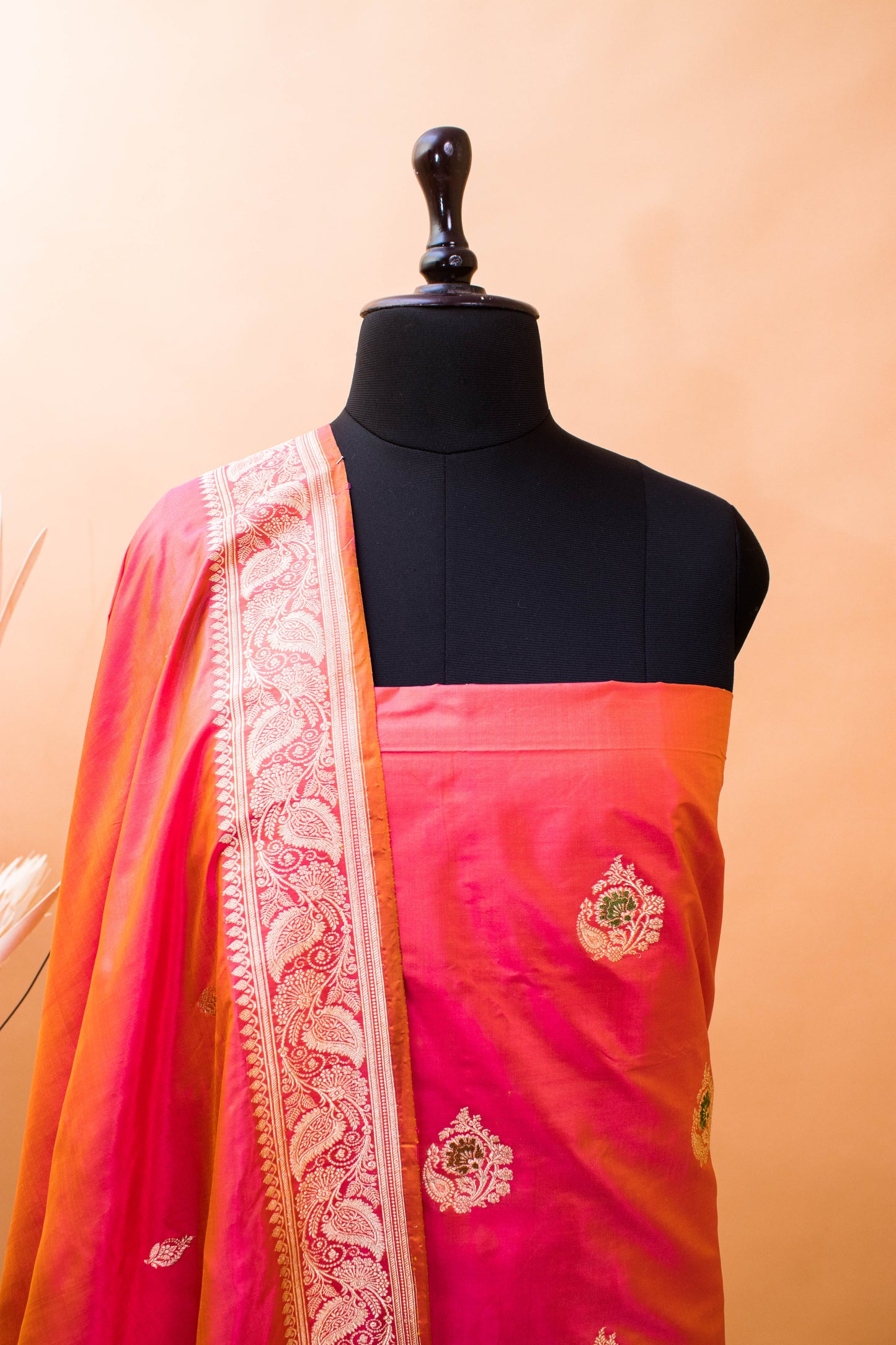 Handloom Banarasi Kadhuwa Tilfi Butti Suit Fabric In Pure Katan Silk-Orange