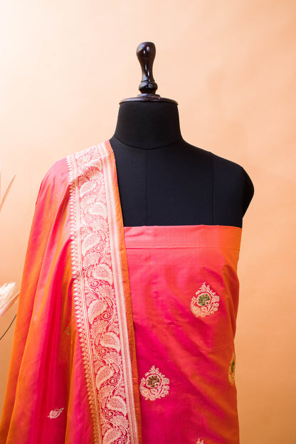 Handloom Banarasi Kadhuwa Tilfi Butti Suit Fabric In Pure Katan Silk-Orange