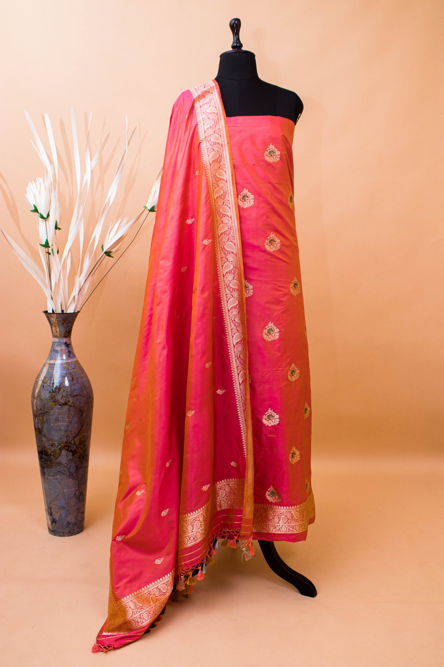 Handloom Banarasi Kadhuwa Tilfi Butti Suit Fabric In Pure Katan Silk-Orange