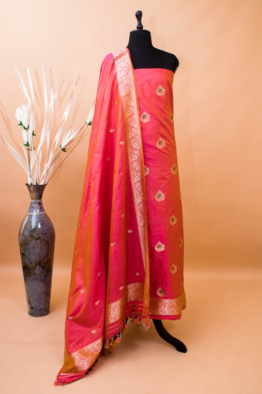 Handloom Banarasi Kadhuwa Tilfi Butti Suit Fabric In Pure Katan Silk-Orange