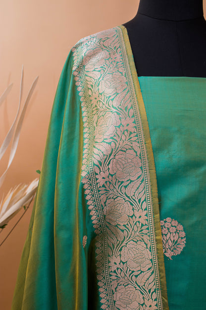 Handloom Banarasi Kadhuwa Butti Suitr Fabric In Pure Katan Silk-Green