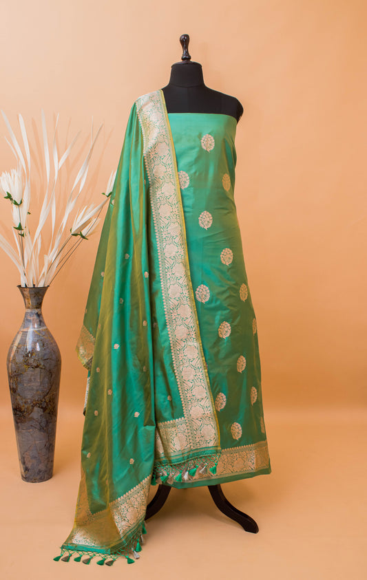 Handloom Banarasi Kadhuwa Butti Suitr Fabric In Pure Katan Silk-Green