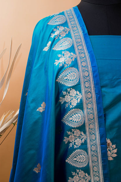 Tifi Butti Hand Weaved Suit Fabric In Pure Katan Silk-Blue