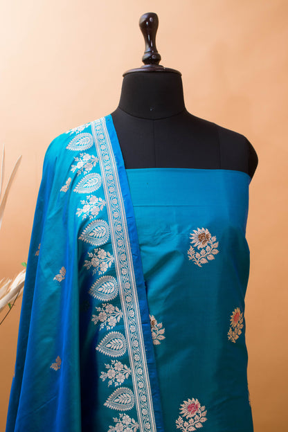 Tifi Butti Hand Weaved Suit Fabric In Pure Katan Silk-Blue