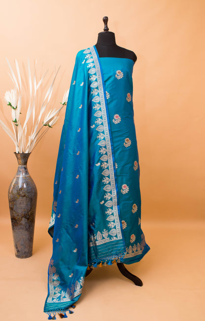 Tifi Butti Hand Weaved Suit Fabric In Pure Katan Silk-Blue