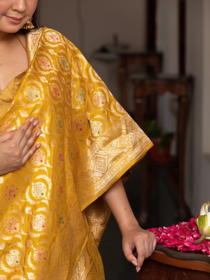 Handloom Banarasi Meenakari Jaal In Pure Katan Silk-Yellow