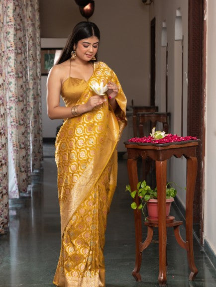 Handloom Banarasi Meenakari Jaal In Pure Katan Silk-Yellow