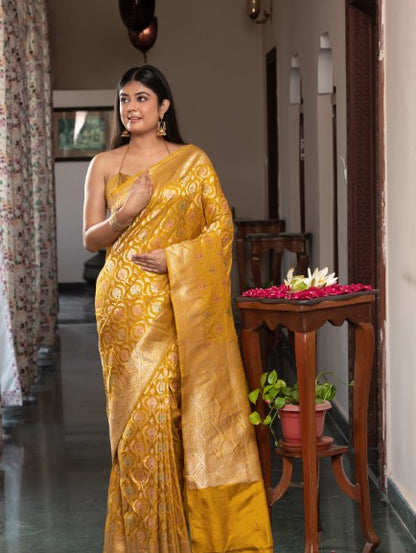 Handloom Banarasi Meenakari Jaal In Pure Katan Silk-Yellow