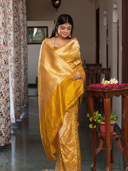 Handloom Banarasi Meenakari Jaal In Pure Katan Silk-Yellow