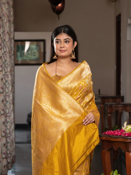 Handloom Banarasi Meenakari Jaal In Pure Katan Silk-Yellow
