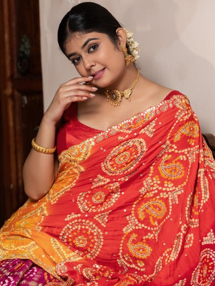 Multi Color Hand Bandhej In Pure Gajji Silk With Handwork-Multi Color