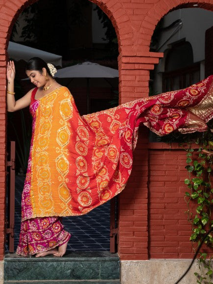 Multi Color Hand Bandhej In Pure Gajji Silk With Handwork-Multi Color