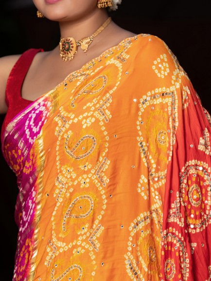 Multi Color Hand Bandhej In Pure Gajji Silk With Handwork-Multi Color