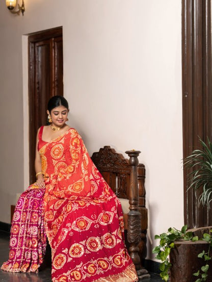 Multi Color Hand Bandhej In Pure Gajji Silk With Handwork-Multi Color