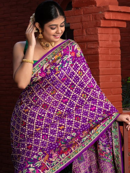 Khaddi Bandhej With Meenakari Border In Pure Georgette Fabric-Purple