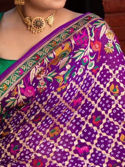 Khaddi Bandhej With Meenakari Border In Pure Georgette Fabric-Purple
